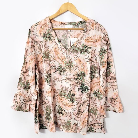 NWT J Jill Love Linen Women V-Neck Flounced Long Sleeve Tunic Size XL Palm Print - Picture 1 of 11